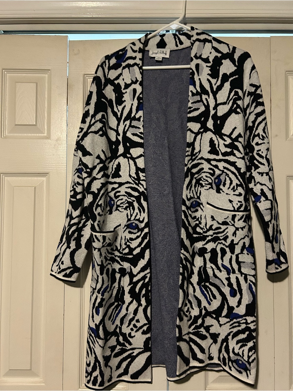 Joseph Ribkoff Black & White Long Open Cardigan Sweater with Tiger print
